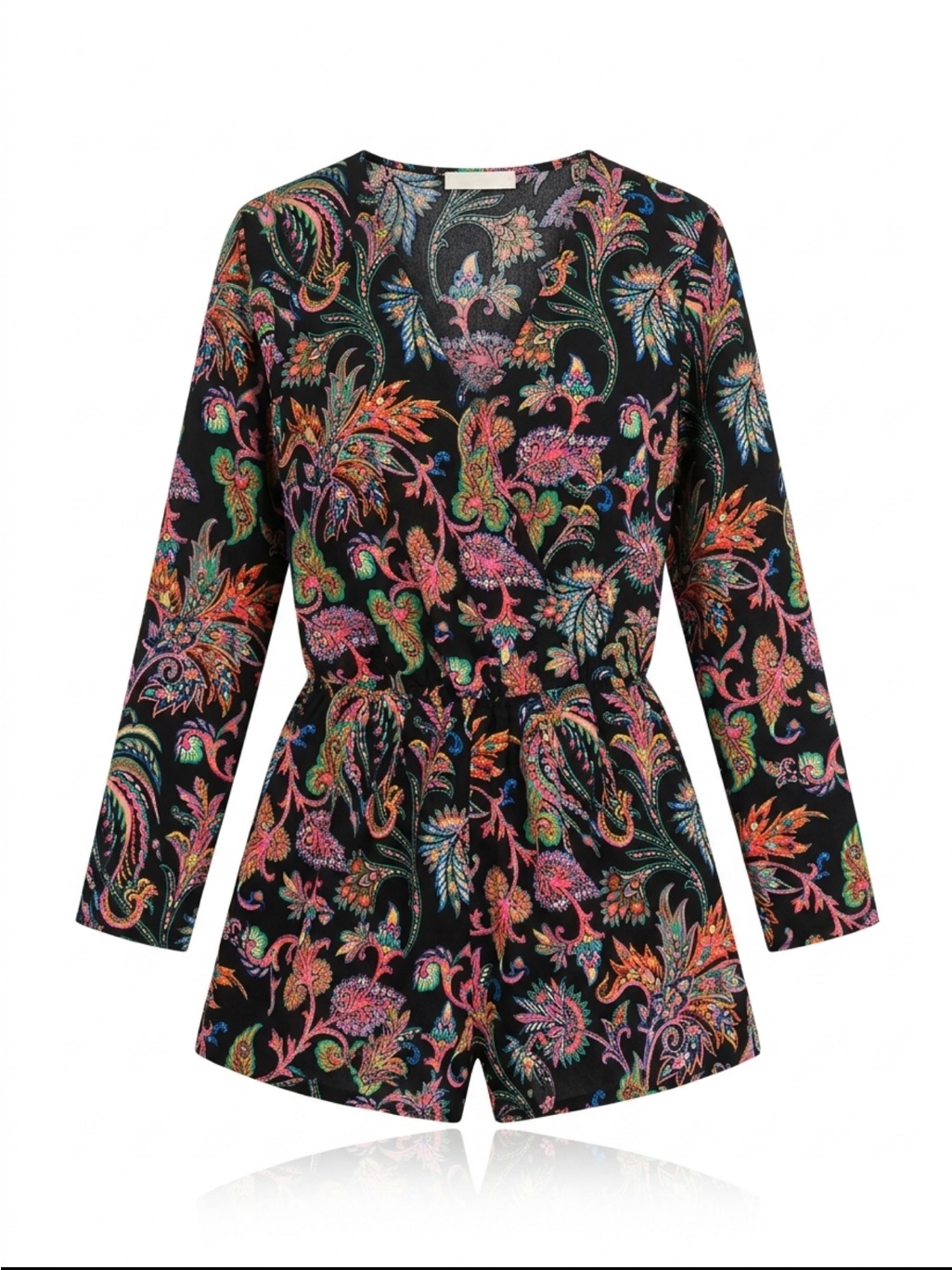 Black Paisley Floral Long-Sleeve Romper